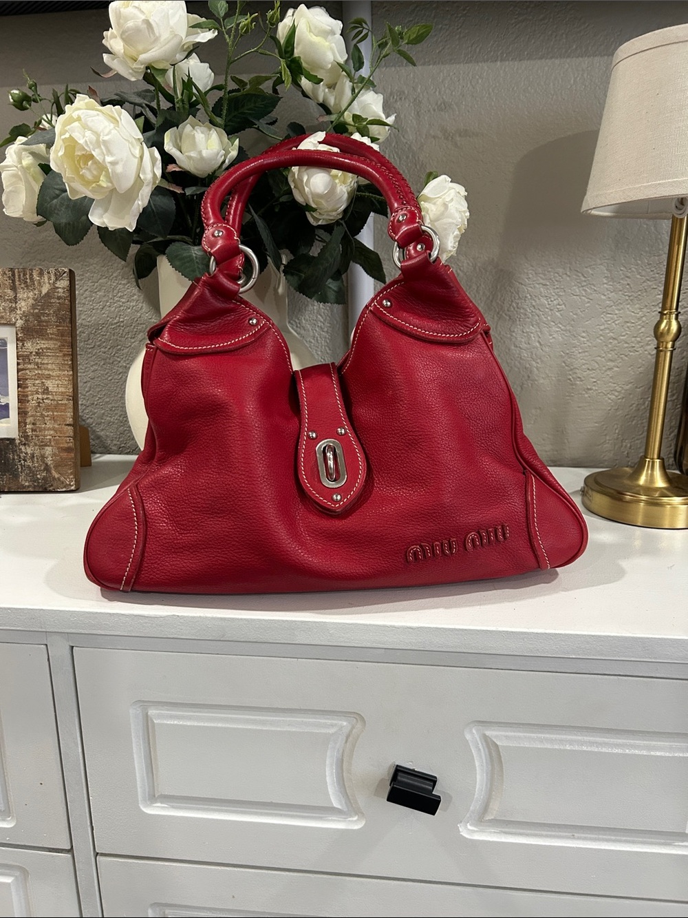 Miu Miu Red Leather Shoulder Bag with Top Handles